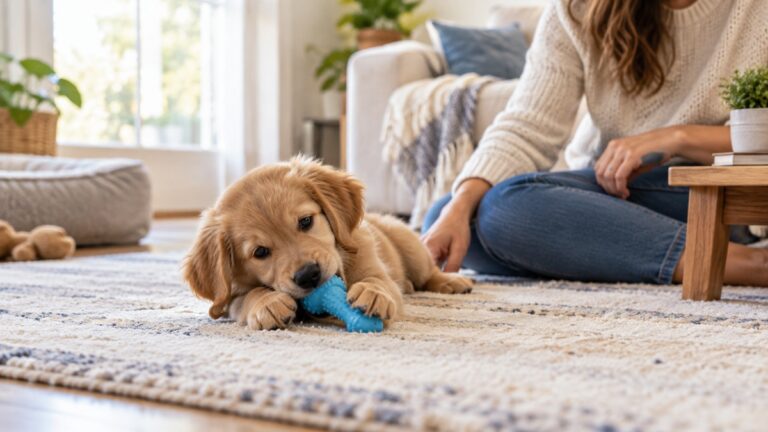 A small puppy chewing a size-matched rubber chew toy on a rug while an owner supervises nearby.