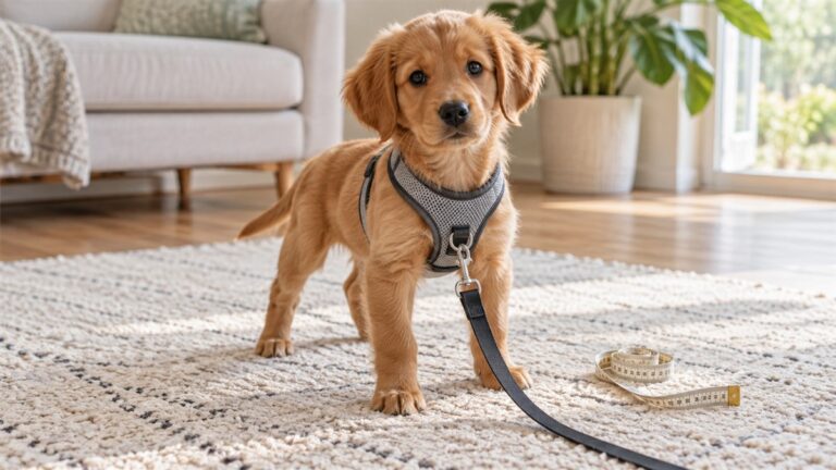 A young puppy standing on a rug in a mesh harness with a leash clipped to the front, next to a cloth measuring tape.
