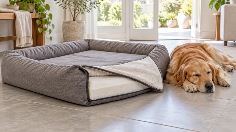 A large grey dog bed with a zipper cover partly unzipped and folded back, placed on a tiled floor beside a sleeping golden retriever.