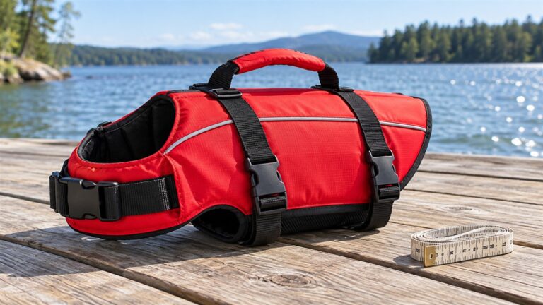 A small red dog life vest with a grab handle on top, lying on a dock beside a folded tape measure.