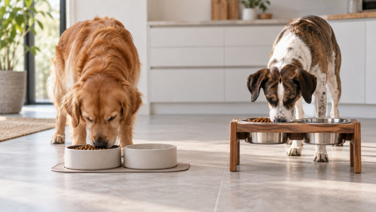 A clean editorial comparison scene showing generic bowls dishes loving pets and comesoon options side by side.