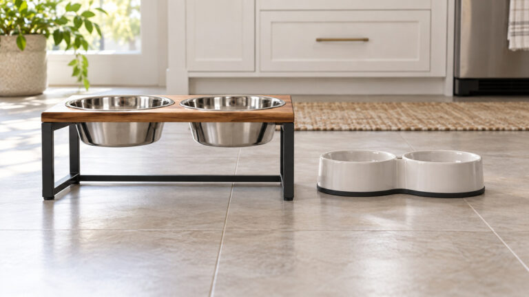 An elevated metal dog bowl set beside a compact ceramic bowl set in a bright kitchen.