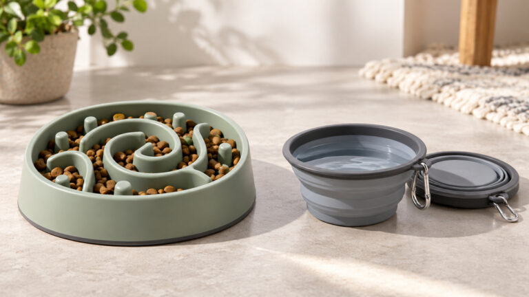 A slow-feeder dog bowl and a compact travel bowl set arranged side by side.