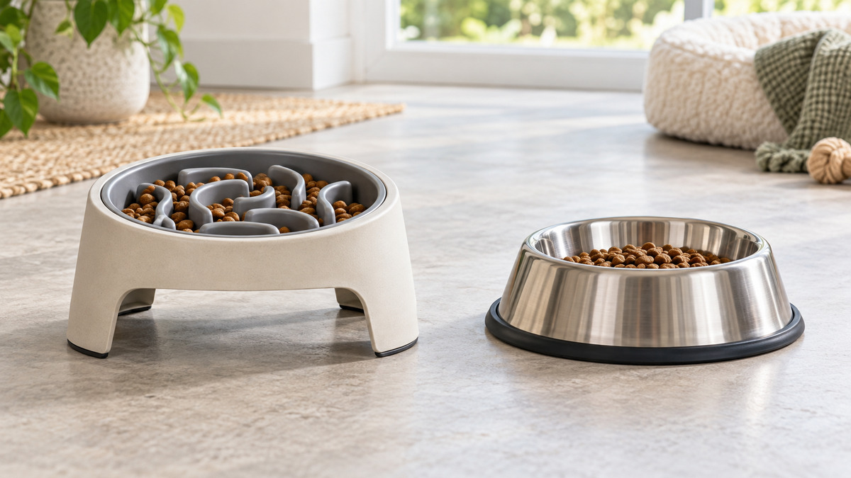 Editorial comparison scene featuring generic bowls dishes outward hound options in natural light.