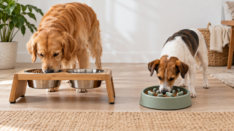 An elevated double dog bowl and a slow-feeder bowl arranged side by side.