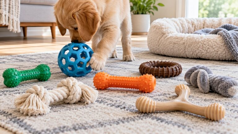 A young puppy explores several unbranded chew toy shapes on a bright living room rug.