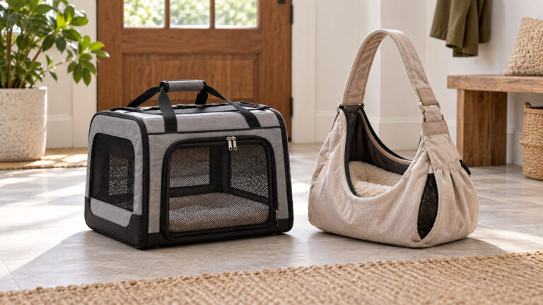 A clean editorial comparison scene showing generic carriers travel products amazon basics and tomkas options side by side.