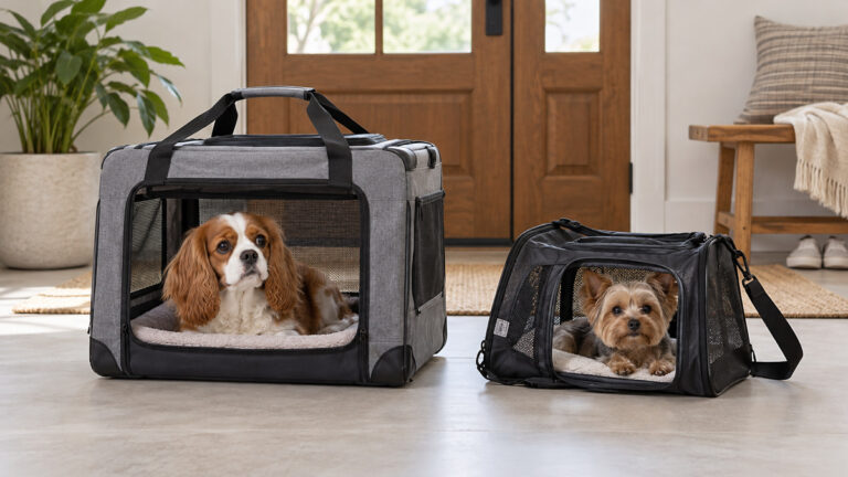 Two generic soft-sided dog travel carriers in different sizes on a neutral entryway floor.