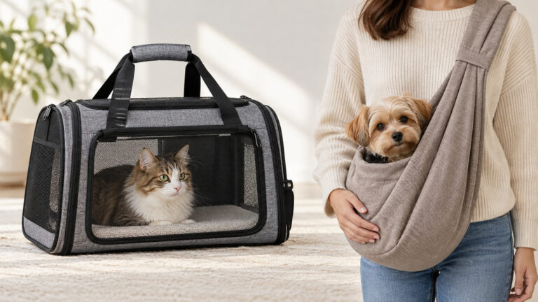 A structured pet carrier and a wearable sling carrier arranged side by side.