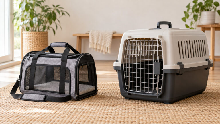 A soft pet carrier and a hard-shell travel crate arranged side by side.