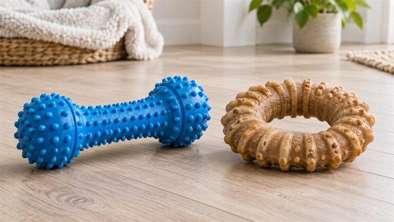 Two generic durable dog chew toys with different shapes and textures on a clean floor.