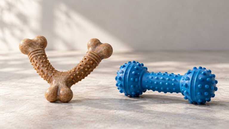 Side-by-side product image of the Benebone and SPOT chew toys benebone options on a clean neutral background, showing their visible size and design differences.
