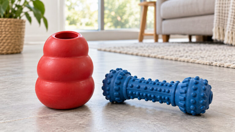 A clean editorial comparison scene showing generic chew toys kong and nylabone options side by side.