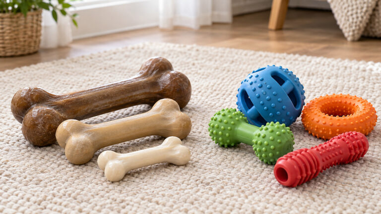 Durable bone-shaped dog chews beside textured rubber chew toys on a neutral rug.
