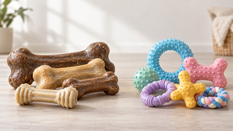 Durable dog chews and textured puppy teething toys arranged for comparison.