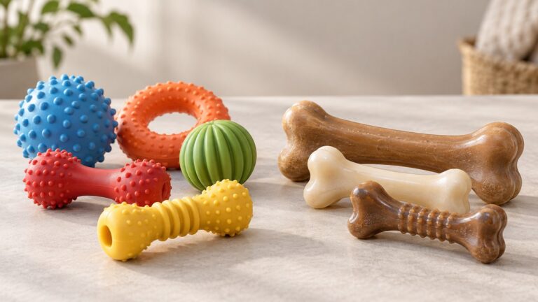 Side-by-side view of the SPOT and Nylabone chew toys products on a neutral background, emphasizing visible differences in size and configuration.