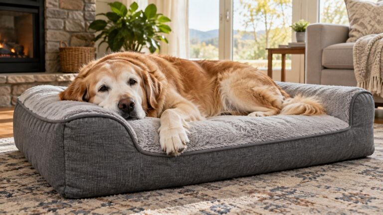 Senior golden retriever resting on a supportive orthopedic dog bed
