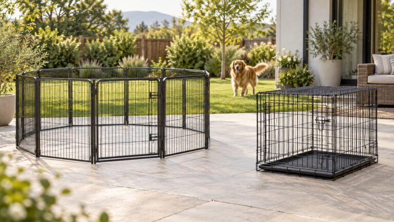 Side-by-side view of the FXW and Amazon Basics crates, houses & pens products on a neutral background, emphasizing visible differences in size and configuration.
