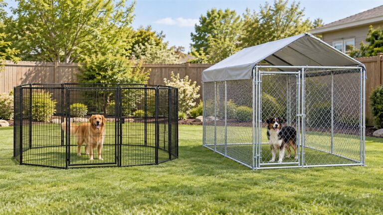 Two generic dog enclosure systems with different panel configurations in a clean backyard.