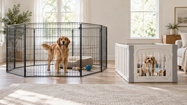 A modular metal dog pen beside a molded plastic pet enclosure in a bright room.