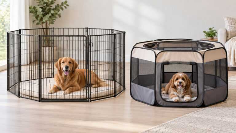 A metal dog exercise pen and a soft portable playpen arranged side by side.