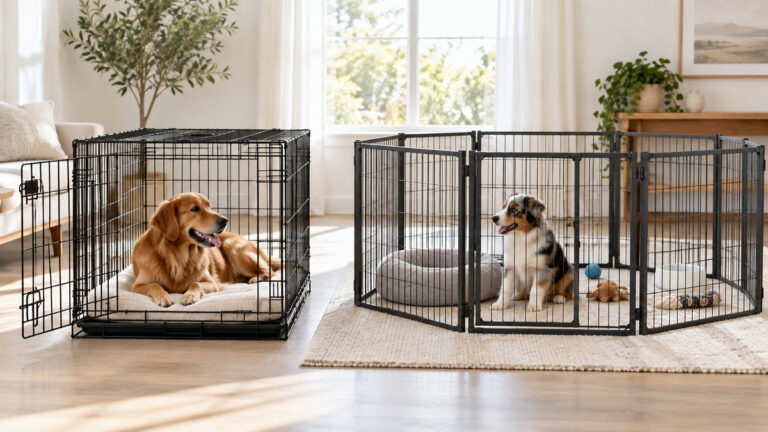 Editorial comparison scene featuring generic crates houses pens midwest homes for pets options in natural light.