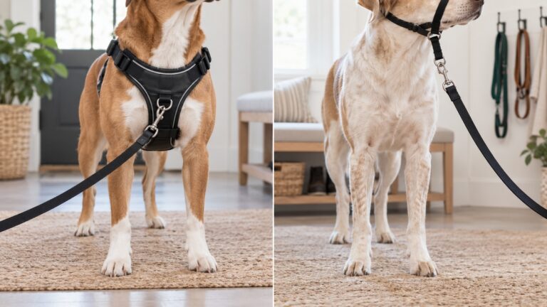 Two dogs model a front-clip harness and a head halter in a bright entryway comparison.