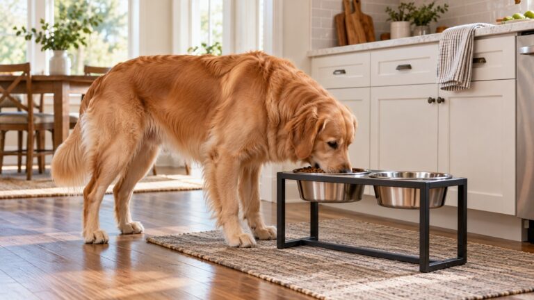 Large dog eating comfortably from an elevated bowl stand in a bright kitchen