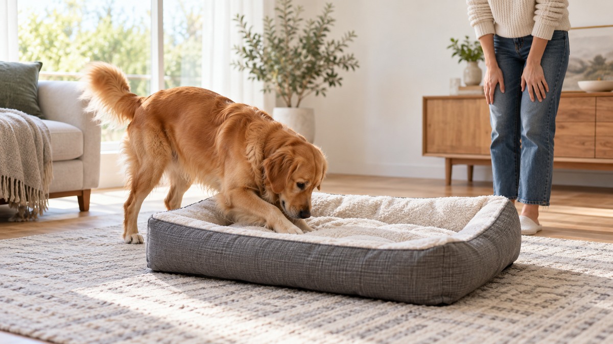 A dog paws at a rectangular bed while its owner watches.