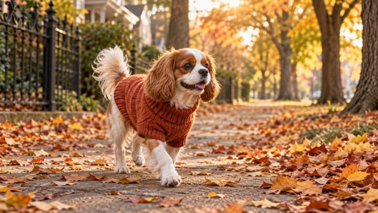 Small dog wearing a cozy knitted sweater on an autumn walk