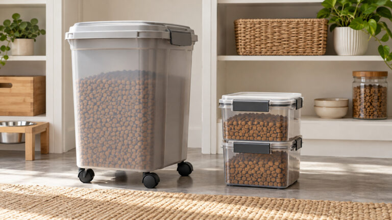 A tall wheeled dog food bin beside compact stackable food containers in a pantry.