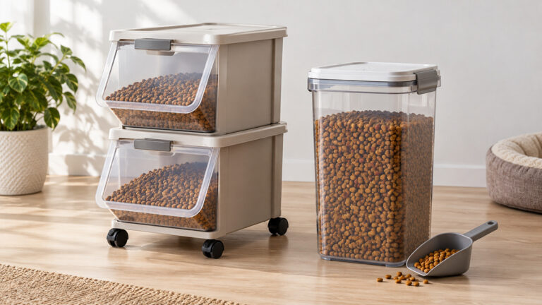 Two generic pet food storage systems in different sizes and configurations.