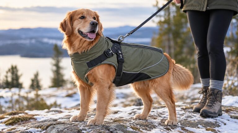 Dog wearing a winter coat with an integrated walking harness