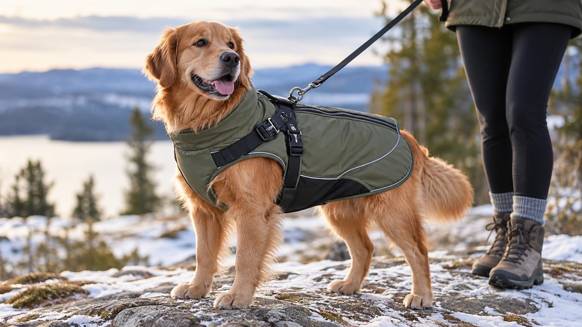 Dog wearing a winter coat with an integrated walking harness