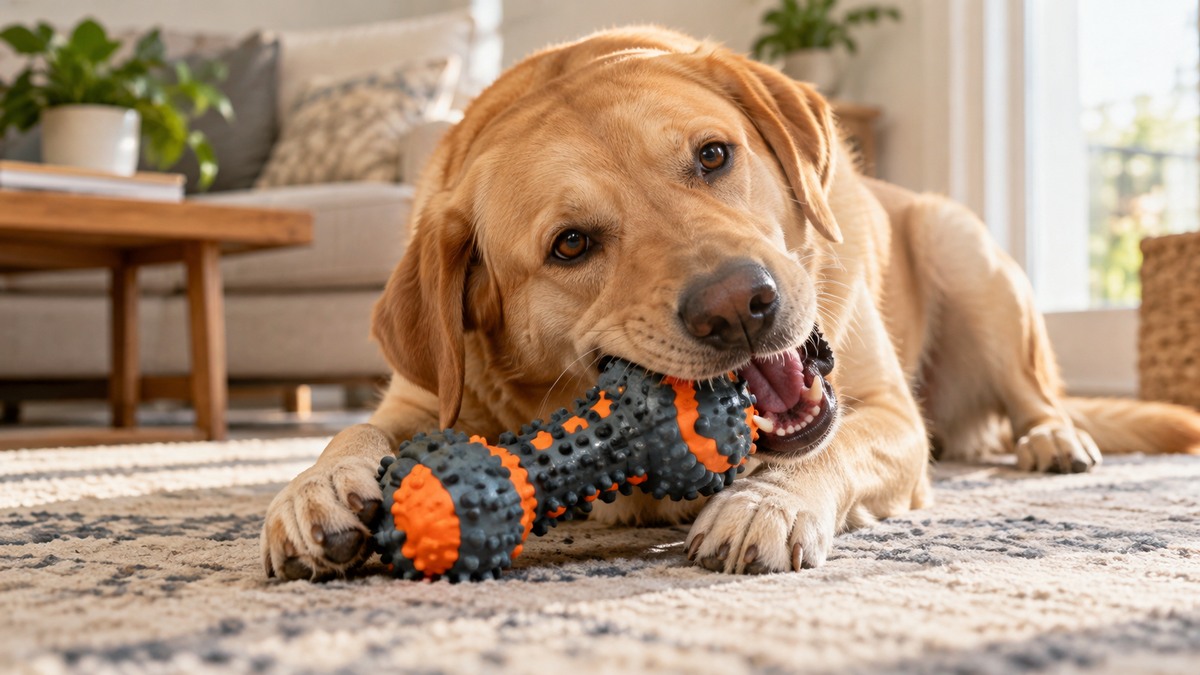 Large dog chewing a rugged squeaky toy at home