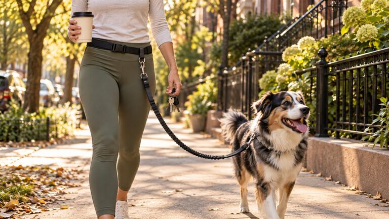 Walker using a hands-free dog leash while carrying coffee and keys