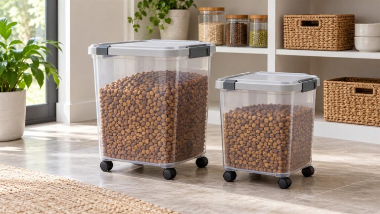 Generic airtight rolling pet food storage containers in two practical sizes in a clean pantry.