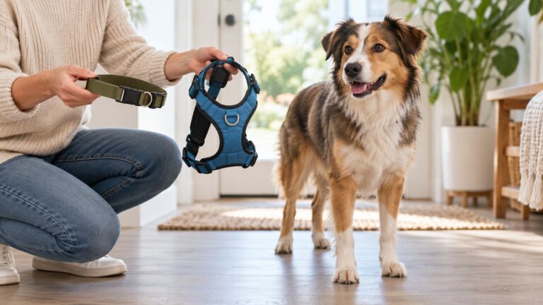 An owner compares a flat collar and walking harness beside a dog.