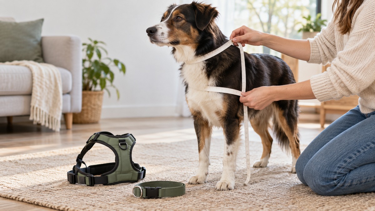 An owner measures a standing dog beside a harness and flat collar.