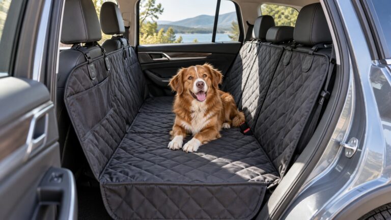 Dog sitting comfortably on a quilted protective back seat cover