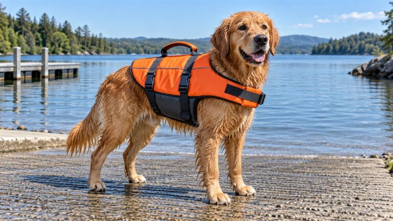 A large orange dog life jacket with a top rescue handle on a retriever standing on a boat ramp.