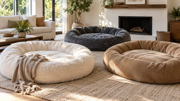 Life-size dog beds arranged for comparison in a bright living room.