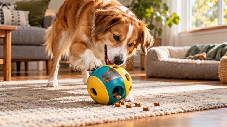 Dog playing with an interactive rolling treat puzzle toy on a living room rug