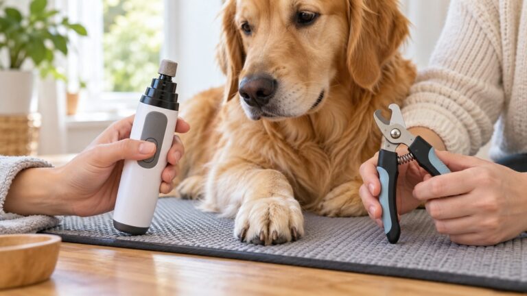 A nail grinder and clippers are held beside a calm dog's paw.