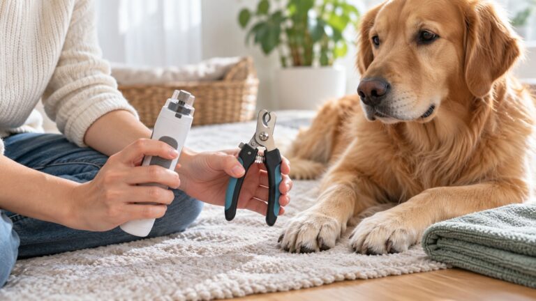 A guarded nail grinder and dog nail clippers sit beside a dog's paws.