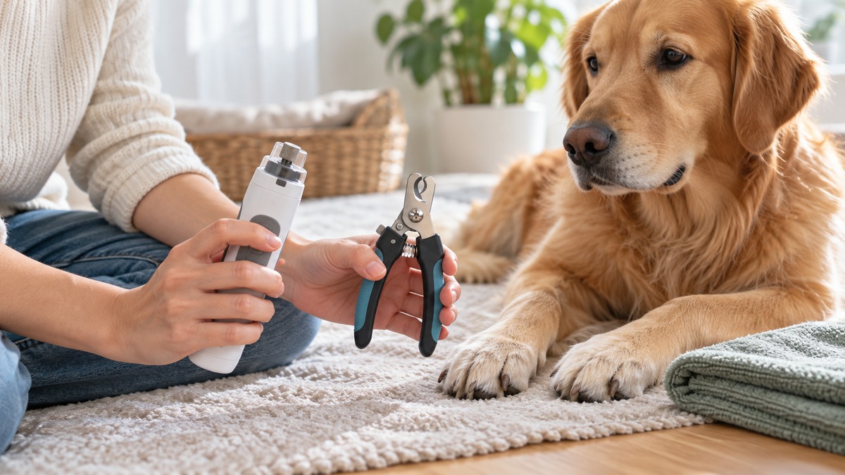 A guarded nail grinder and dog nail clippers sit beside a dog's paws.