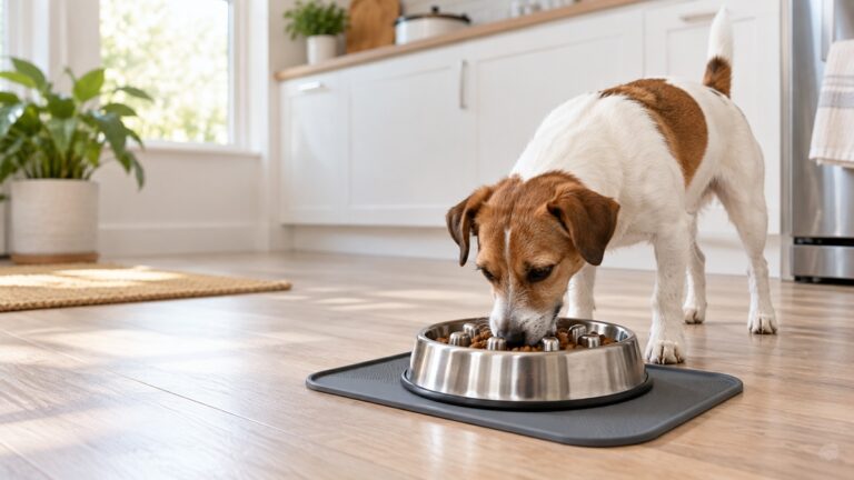 A small dog eating from a stainless steel slow feeder bowl on a non-slip mat in a bright kitchen.