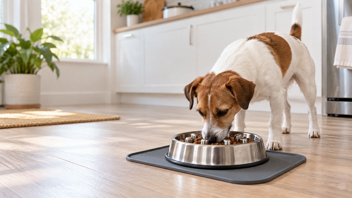 A small dog eating from a stainless steel slow feeder bowl on a non-slip mat in a bright kitchen.