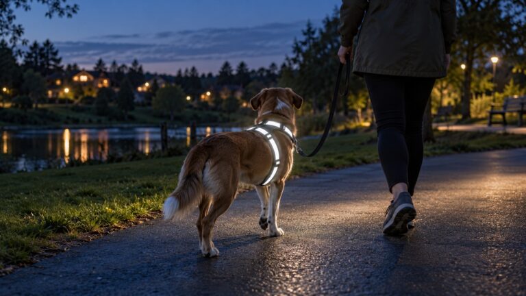 A dog's reflective harness glows during an evening walk beside a lake.
