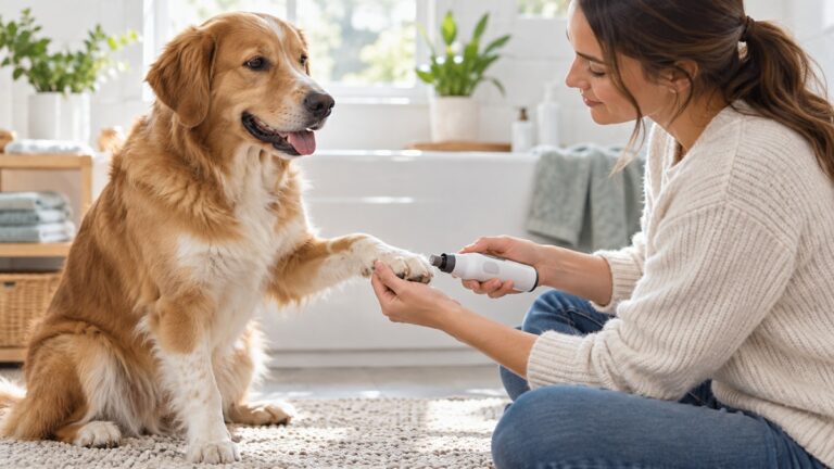 A calm dog has its nails groomed with a cordless grinder.